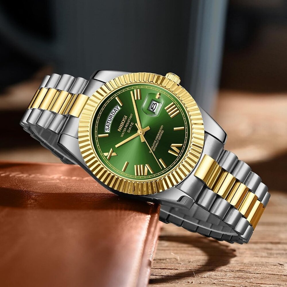 Men's Gold Silver Green   Stain Steel Analog Classic Design Stylish Wrist  Watch - Picture 4 of 6